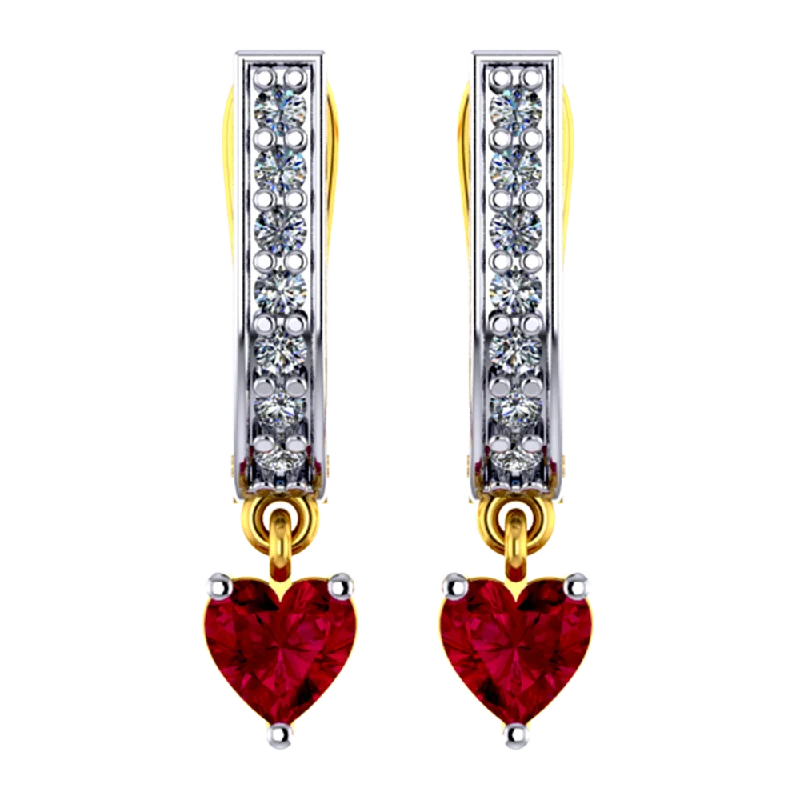 Women’s clip-on earrings-18k U-shaped Diamond Earrings With A Red Heart Stone Hanging