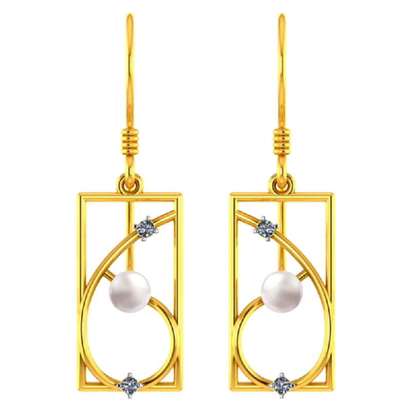 Women’s minimalist earrings-18k Rectangular Diamond Earrings With Unique Design And A Pearl