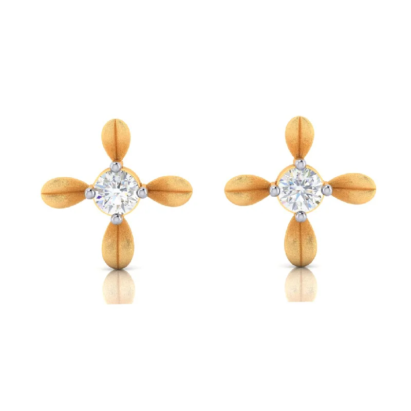 Women’s bohemian earrings-18k 4 Petal Floral Designed Gold Earrings With Diamond