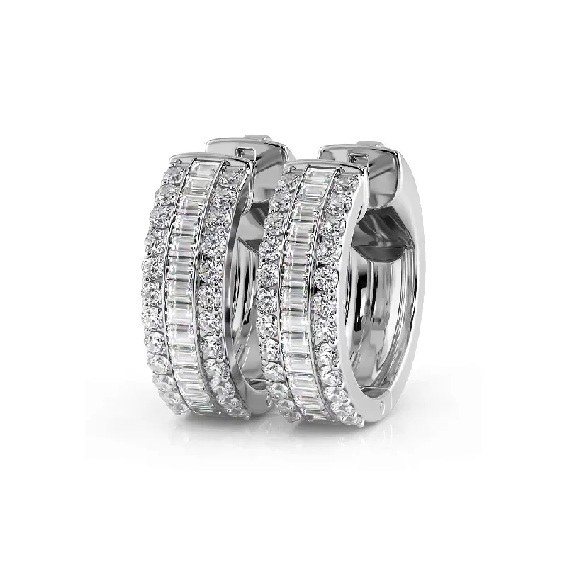 Women’s clip-on earrings-Three Row Round and Baguette Diamond Hoop Earrings Huggie Style