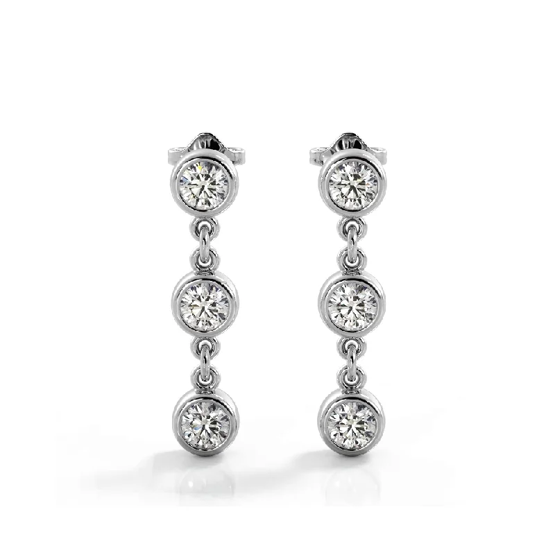 Women’s sterling silver drop earrings-1.50 ctw. Bezel Set Diamond Drop Earrings Three Stone Style