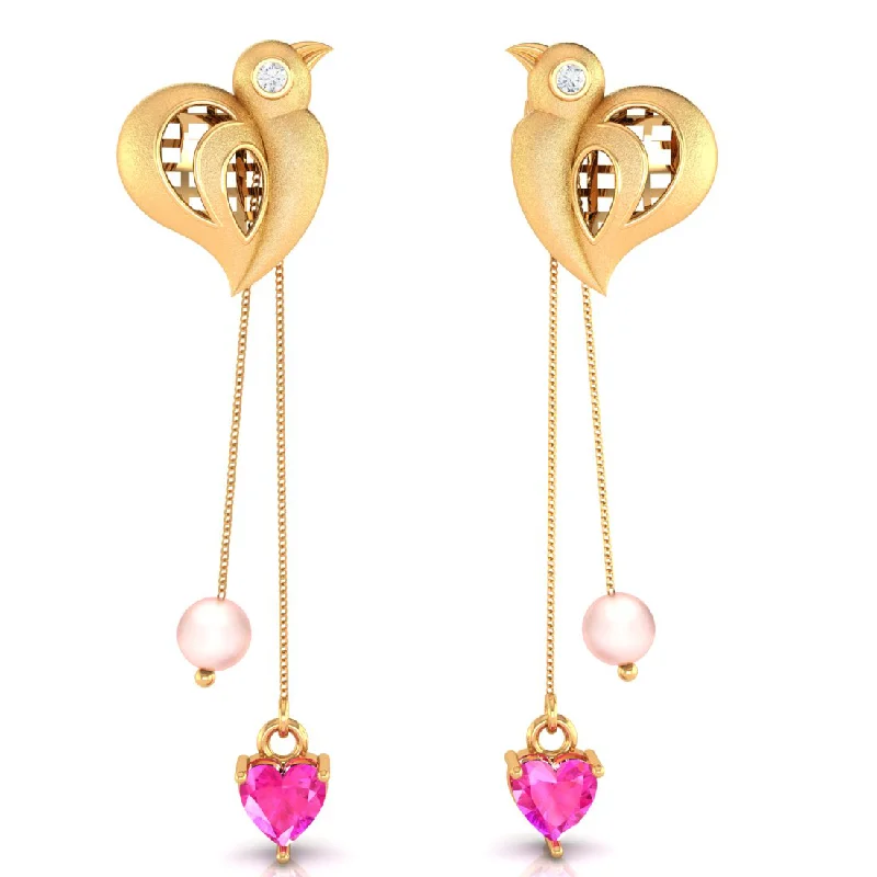 Women’s floral earrings-Birds With Pink Hearts And Balls 22k Gold Diamond Earrings