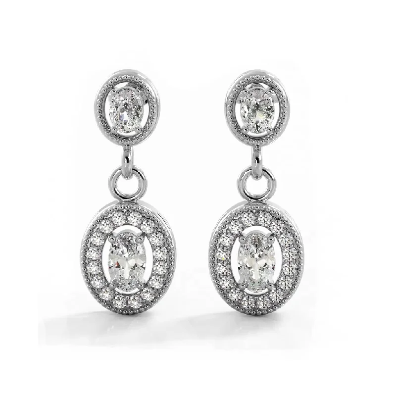 Women’s handmade earrings-1.0 ctw. Vintage Inspired Oval and Round Diamond Drop Earrings