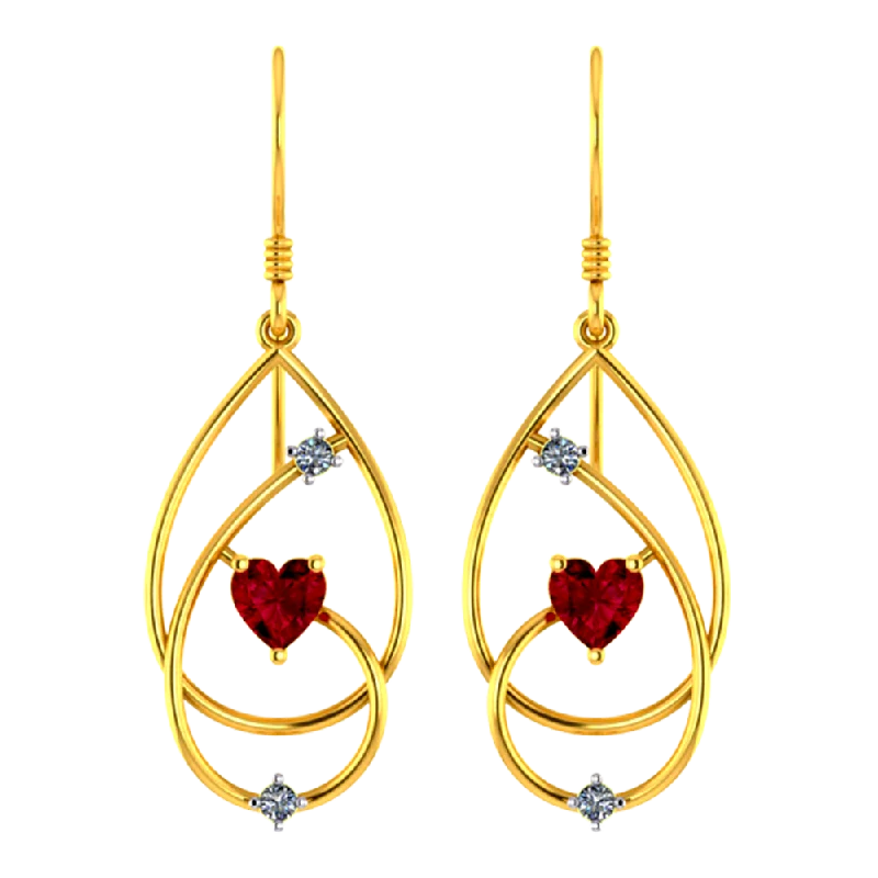 Women’s boho earrings-18k Diamond Earrings With Intricate Design And Red Heart Shaped Stone