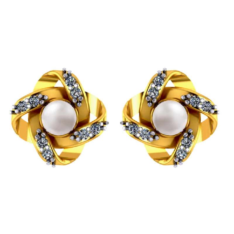 Women’s chunky earrings-18k Floral 3d Gold Diamond Earrings With Pearl And Graceful Design