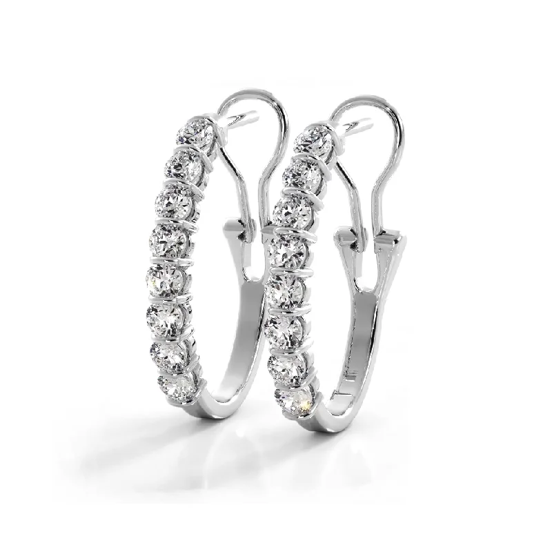 Women’s boho earrings-1.0 ct. Bar Set Round Diamond Oval Shaped Hoop Earrings