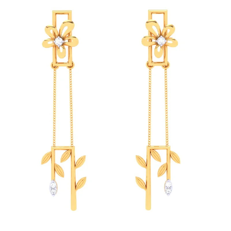 Women’s fashion drop earrings-18k Flower In A Box Shaped Diamond Earrings With A Hanging Leafy Design