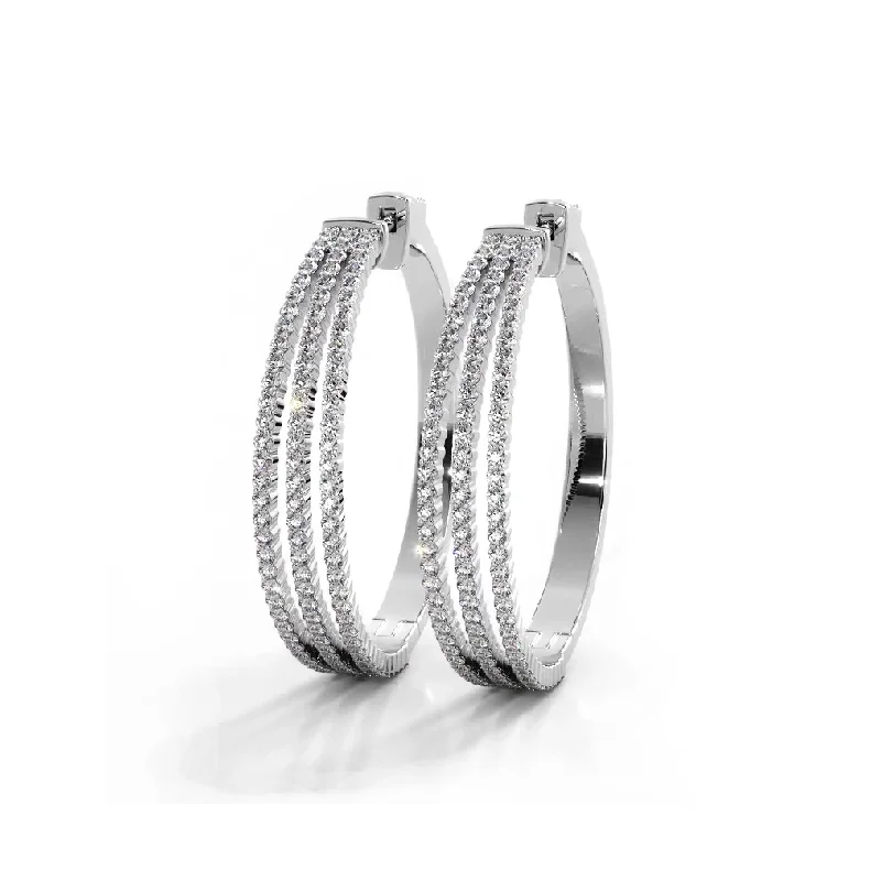 Women’s dainty earrings-1.70 ctw. Three Separate Row Diamond Hoop Earrings