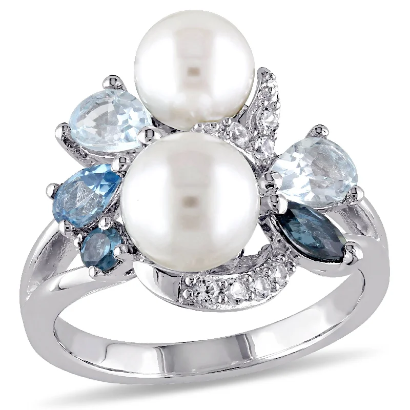 Women’s anniversary band ring-6-8 MM Cultured FW Pearl and Multi-Gemstone Cocktail Ring in Sterling Silver by Miadora