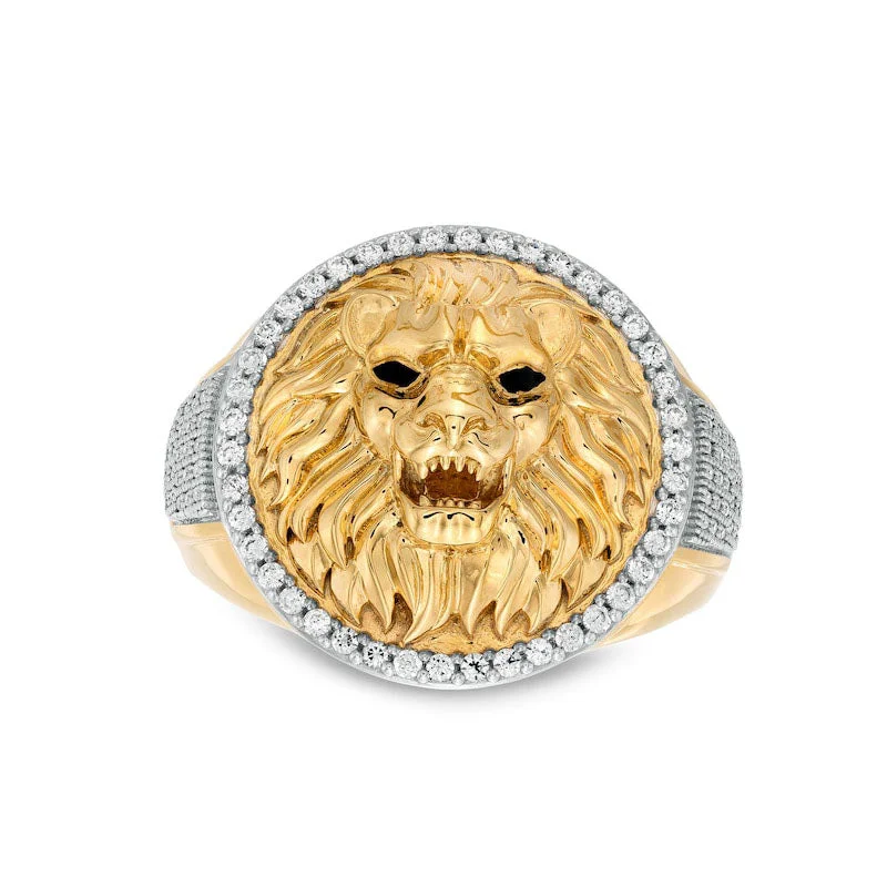 Women’s rose gold engagement rings with diamonds-Men's 0.50 CT. T.W. Natural Diamond Circle Frame Lion Head Domed Ring in Solid 10K Yellow Gold and Black Rhodium