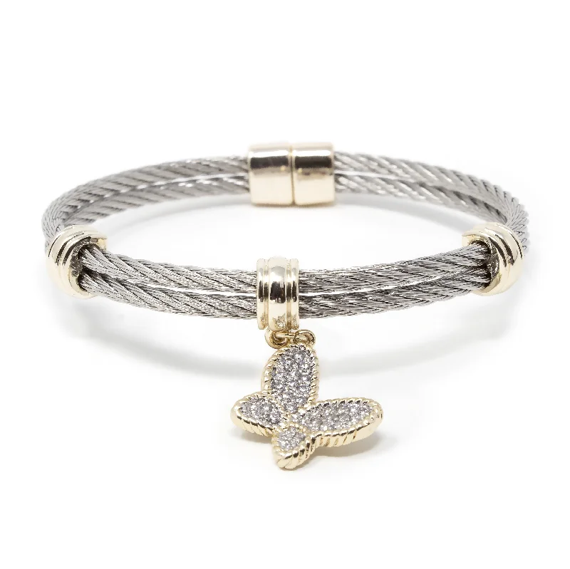 Women’s adjustable bracelet-Stainless Steel Double Wire Bangle Pave Butterfly