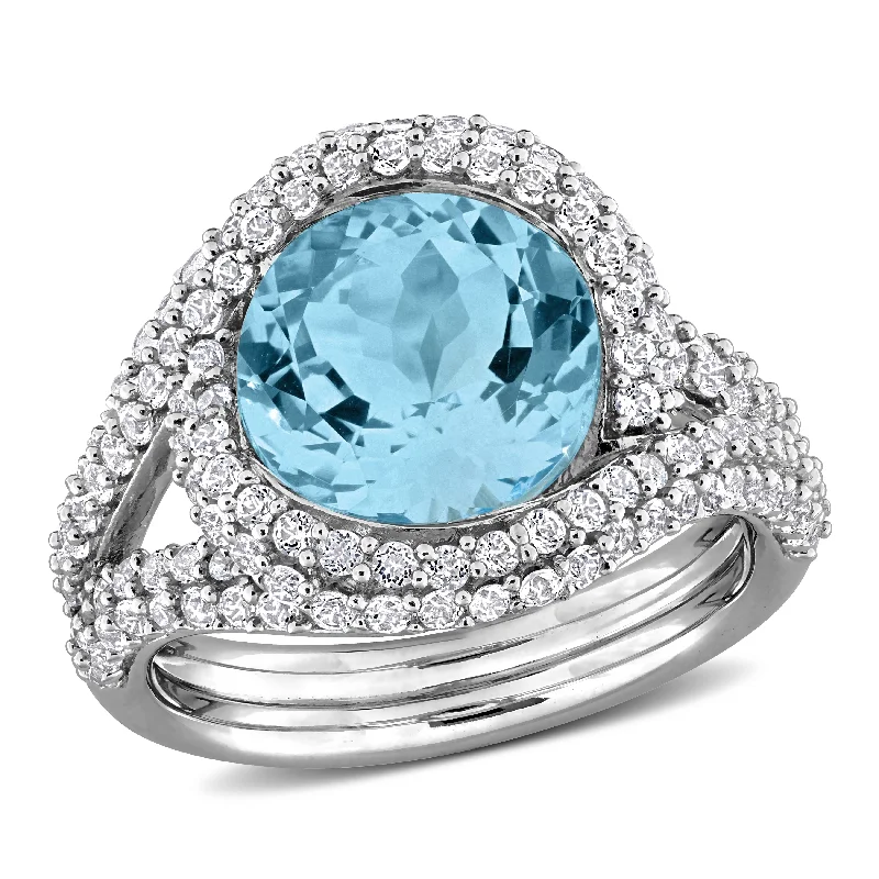 Women’s eternity gemstone ring-Miadora 6ct TGW Ske Blue Topaz and White Topaz Crossover Cocktail Ring in Sterling Silver