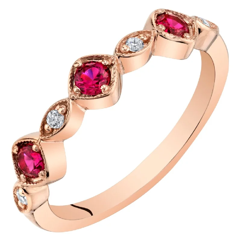 Women’s gemstone cluster ring-Rose Tone Created Ruby Marquise and Round Stackable Ring