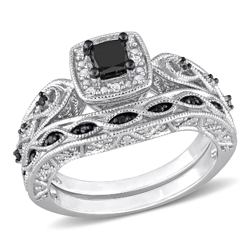 Women’s sapphire ring-Miadora 5/8ct TDW Princess Round-Cut Black White Diamond Bridal Ring Set in Sterling Silver