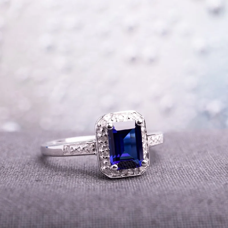 Women’s turquoise ring-Miadora Sterling Silver Emerald-cut Created Sapphire and Diamond Ring