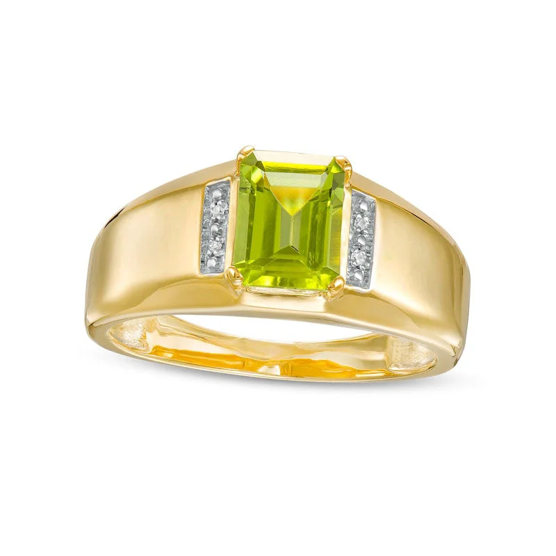 Women’s fancy cut engagement rings-Men's Emerald-Cut Peridot and Natural Diamond Accent Collar Ring in Solid 10K Yellow Gold