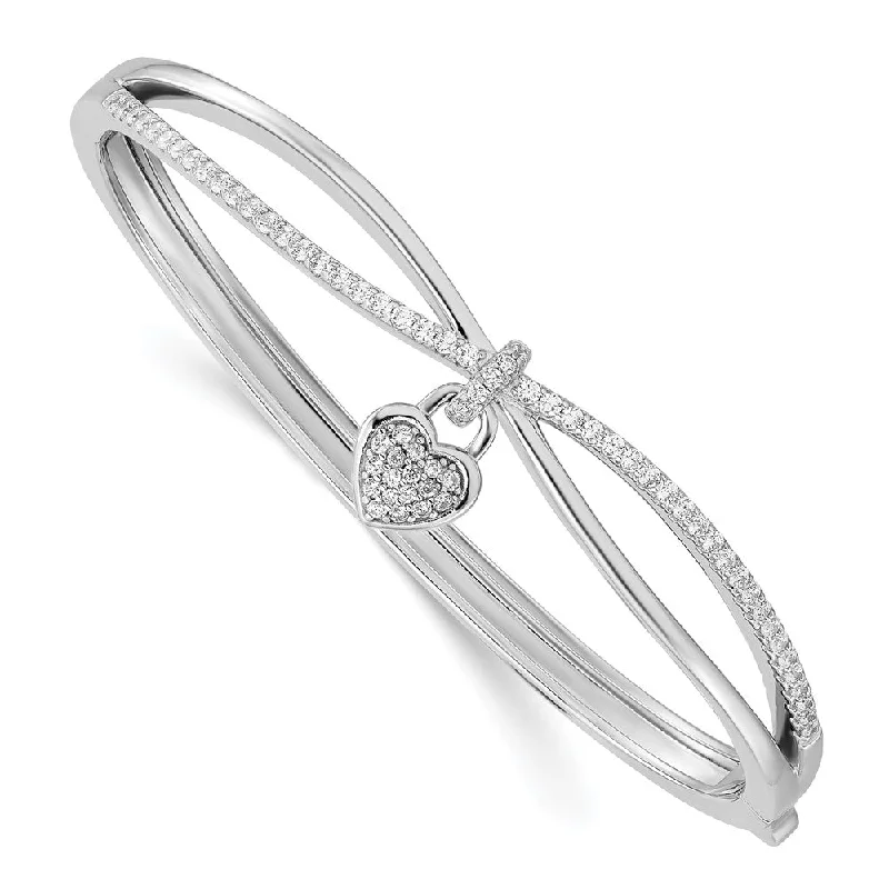 Women’s bangle bracelet with diamonds-Sterling Silver Rhodium-plated CZ Heart Dangle Hinged Bangle-WBC-QB1442