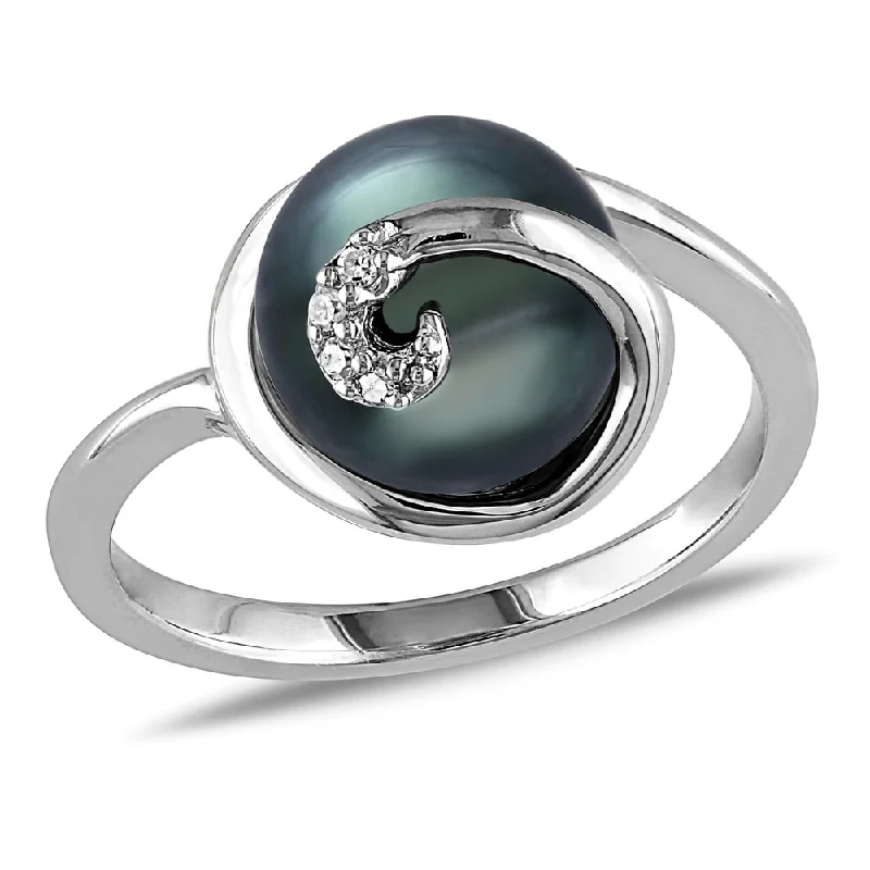 Women’s stacked gemstone rings-Miadora Sterling Silver Tahitian Pearl and Diamond Accent Cocktail Ring - Black