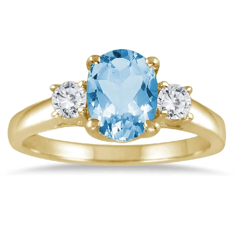 Women’s emerald ring-1 3/4 Carat Blue Topaz and Diamond Three Stone Ring 14K Yellow Gold