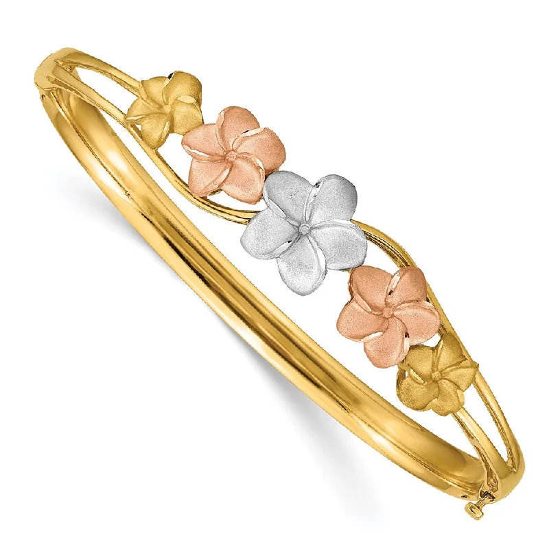 Women’s luxury bracelet-14k Tri-color Plumeria Hinged Bangle-WBC-DB448