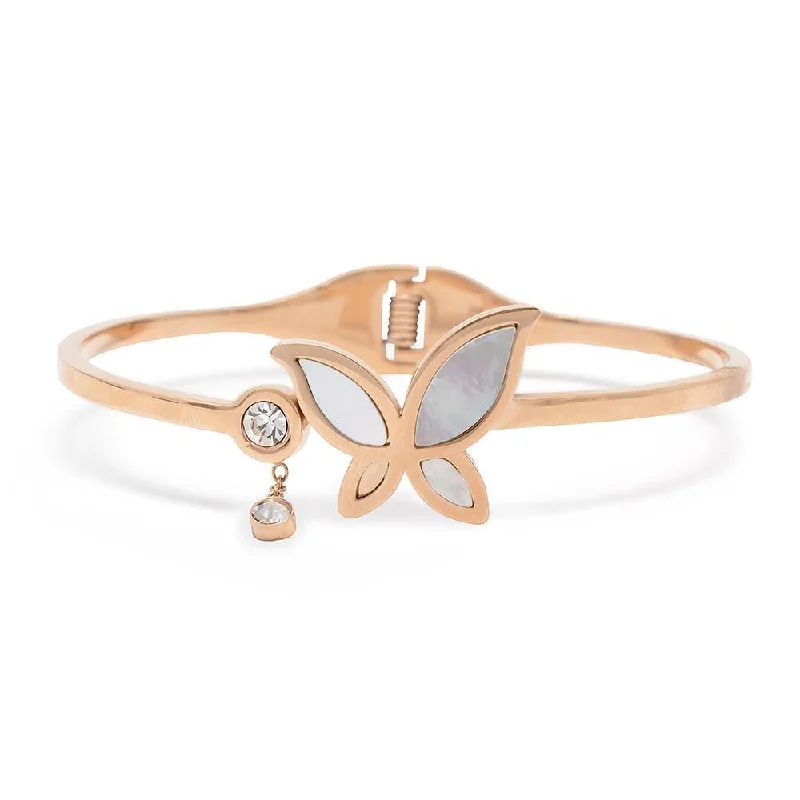 Women’s stackable bracelets-Stainless Steel Bangle MOP Butterfly CZ Rose Gold Plated