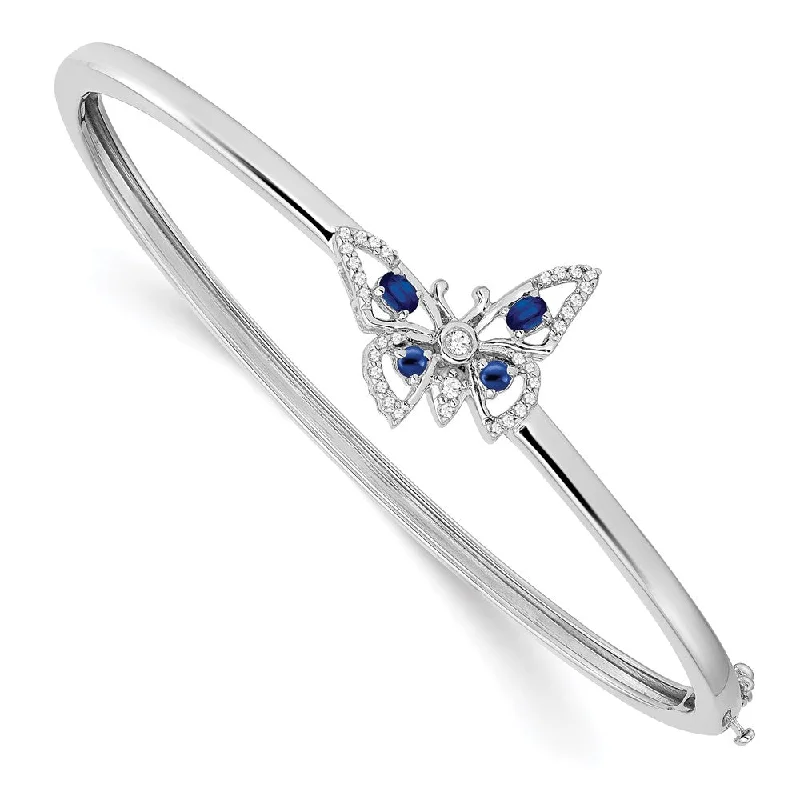 Women’s engraved bracelet-14k White Gold Sapphire and Diamond Butterfly Bangle-WBC-BM7257-SA-017-WA