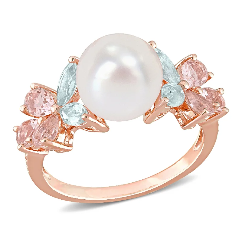 Women’s engagement ring-Miadora 8.5-9mm Cultured Freshwater Pearl and 1 2/5ct TGW Morganite Aquamarine White Topaz Cocktail Ring in 18k Rose Silver