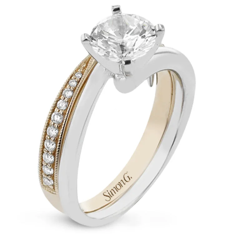 Women’s simple diamond engagement rings-This two-tone engagement ring features a curved high polished white gold ring, complimented by an interlocking rose gold band with milgrain beading and 0.17 ctw of diamonds