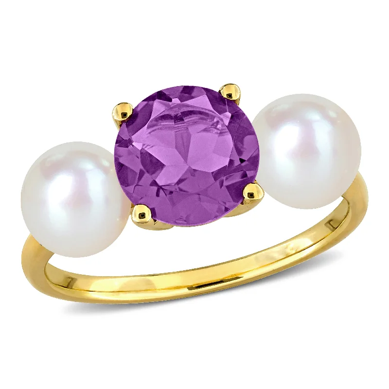 Women’s diamond eternity ring-Miadora 1 1/2ct TGW Amethyst 6-6.5mm Cultured Freshwater Pearl Ring 10k Yellow Gold