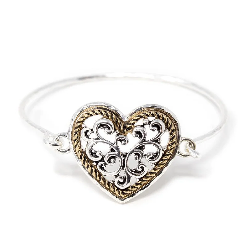 Women’s rose gold bracelet-Two Tone Filigree Heart Bangle