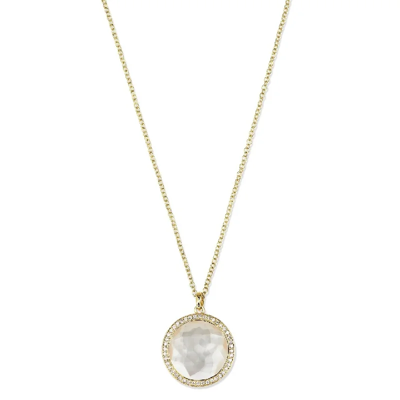 Women’s gemstone necklace-18K Gold Mother of Pearl Diamond Halo Pendant Necklace