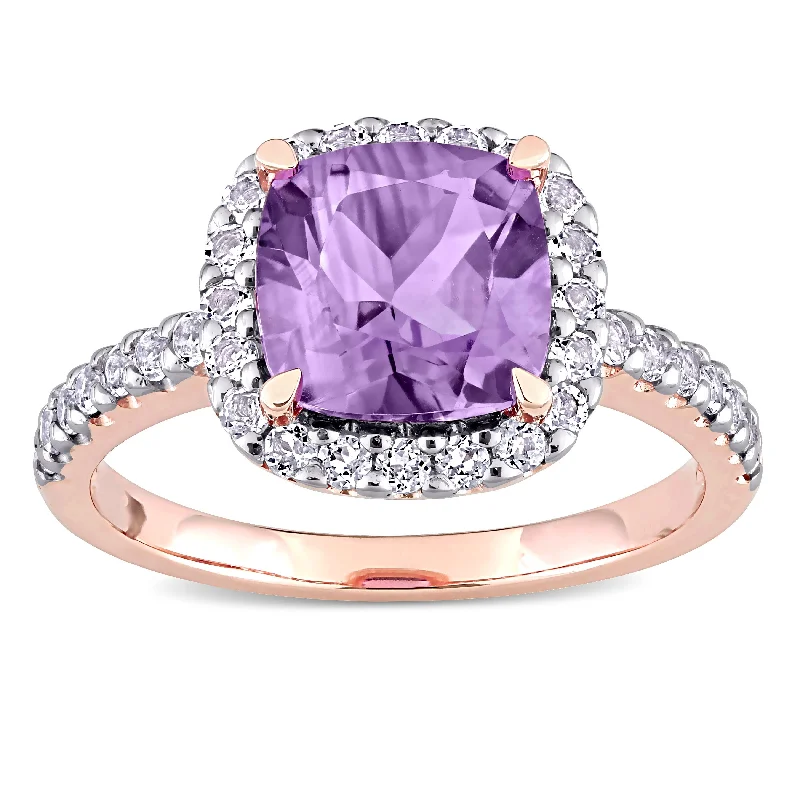 Women’s sapphire engagement ring-Cushion-cut Amethyst and White Topaz Halo Cocktail Ring in 10k Rose Gold by Miadora