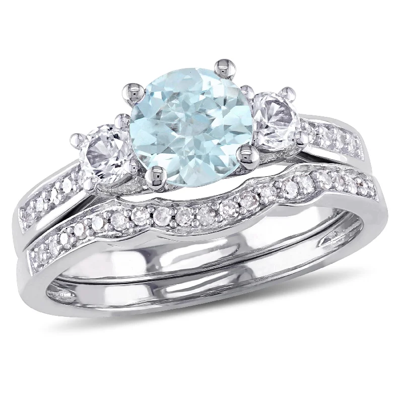 Women’s timeless ring-Miadora 10k White Gold Aquamarine Created White Sapphire 1/7ct TDW Diamond 3-stone Bridal Ring Set