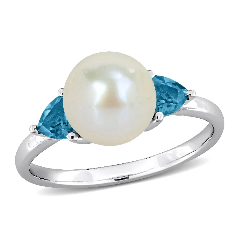 Women’s wedding ring set-Miadora 8-8.5mm Cultured Freshwater Pearl 5/8ct TGW London Blue Topaz Ring 10k White Gold