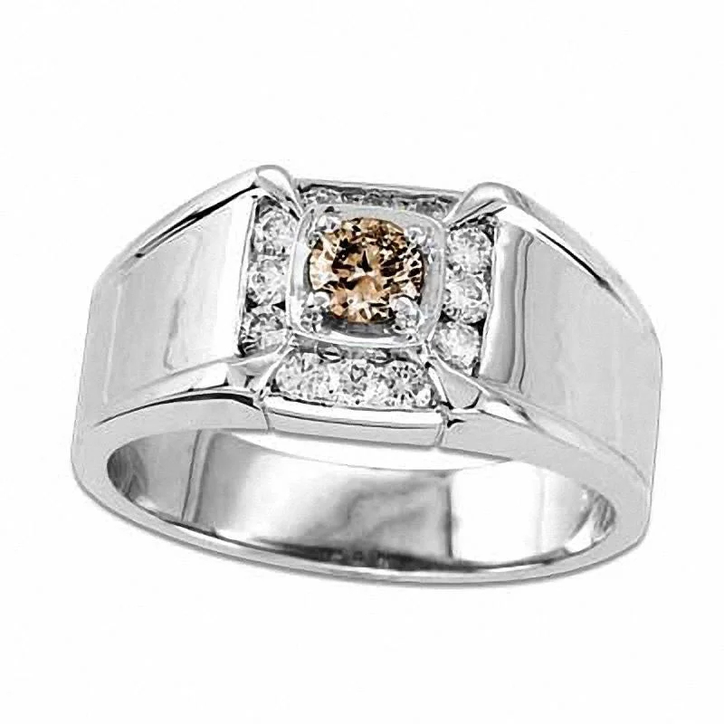 Women’s solitaire diamond engagement rings-Men's 0.63 CT. T.W. Enhanced Champagne and White Natural Diamond Ring in Solid 14K White Gold