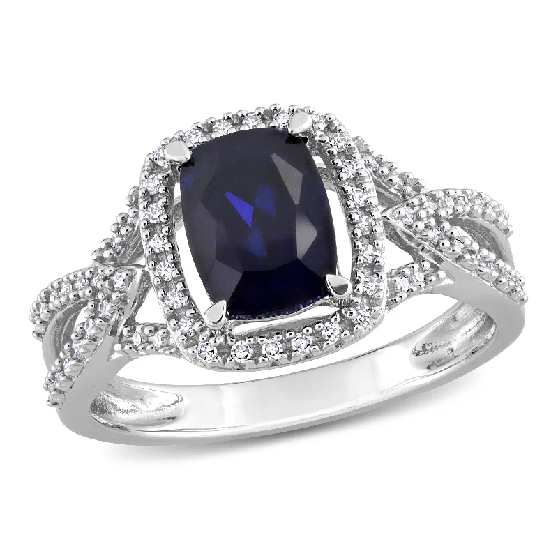 Women’s modern ring-Miadora 2 1/5ct TGW Cushion-cut Created Blue Sapphire and 1/6ct TDW Diamond Crossover Ring in 10k White Gold