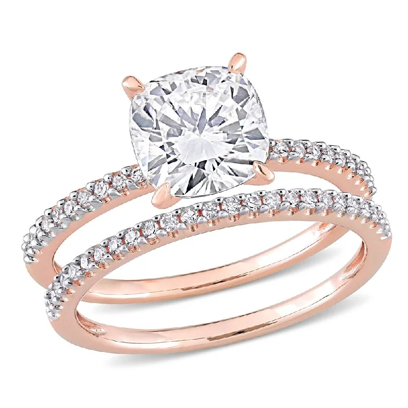 Women’s stylish statement ring-Miadora 2ct DEW Cushion-cut Moissanite and 1/4ct TDW Diamond Bridal Ring Set in 14k Rose Gold