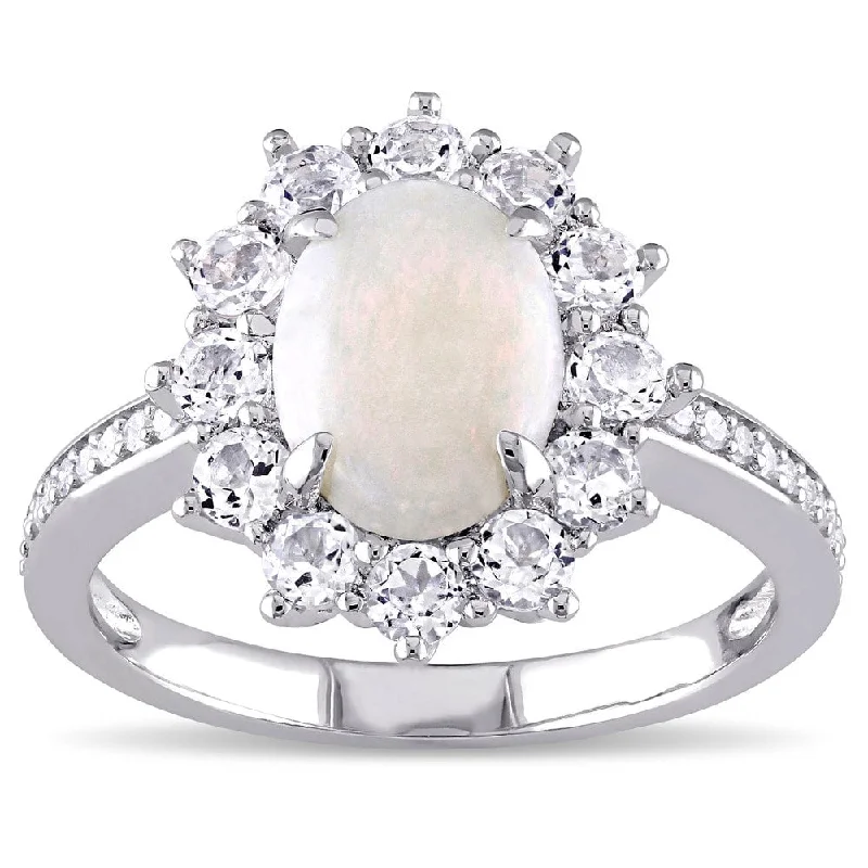 Women’s antique ring-Miadora Sterling Silver Opal, White Topaz and 1/10ct TDW Diamond Halo Cocktail Ring (G-H, I2-I3)