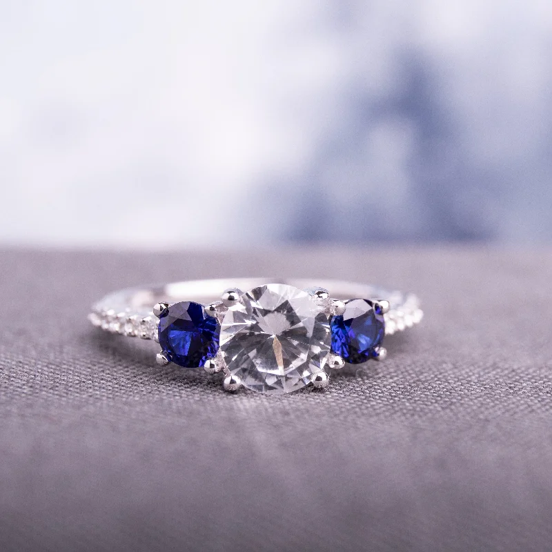 Women’s bold ring-Created Blue and White Sapphire Diamond 3-Stone Ring in 10k white Gold by Miadora