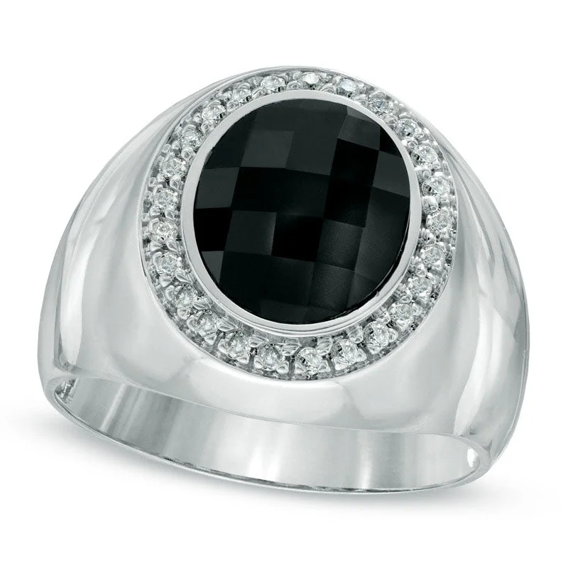 Women’s platinum engagement rings-Men's Oval Onyx and 0.25 CT. T.W. Natural Diamond Frame Ring in Solid 10K White Gold