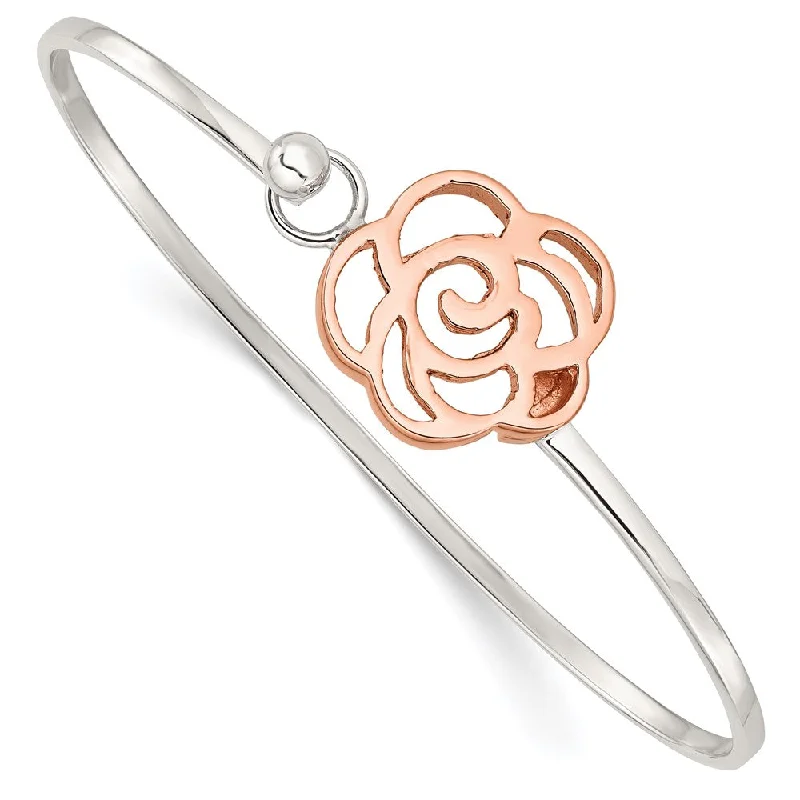 Women’s trendy leather bracelet-Sterling Silver Rose-tone Polished Flower Bangle-WBC-QB1135