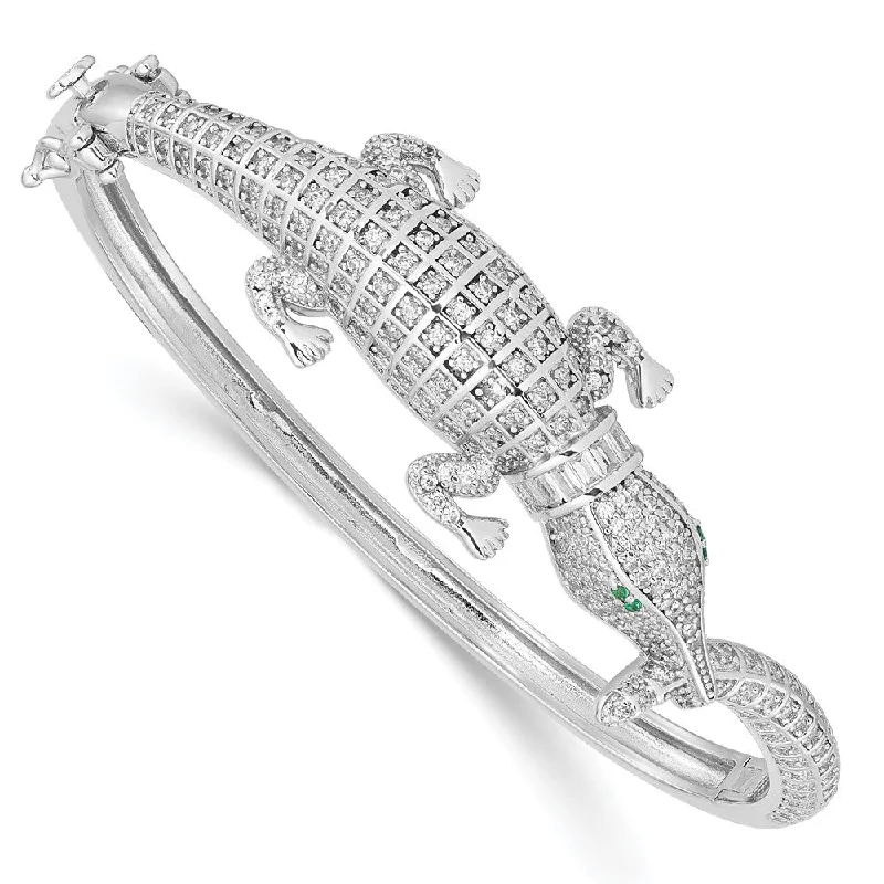 Women’s braided bangle-Sterling Silver Rhodium-plated Polished CZ Alligator Hinged Bangle-WBC-QB1447