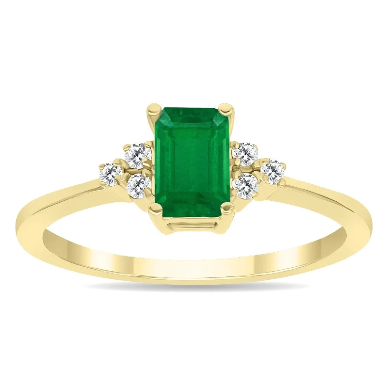 Women’s wide band ring-Emerald and Diamond Regal Ring in 10k Yellow Gold