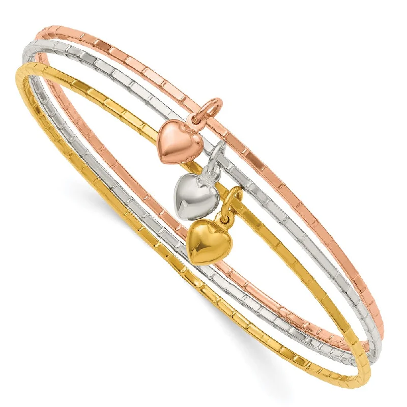 Women’s personalized bracelet-Sterling Silver/Gold-tone/Rose-tone w/Puffed Heart Bangle Set-WBC-QB1393