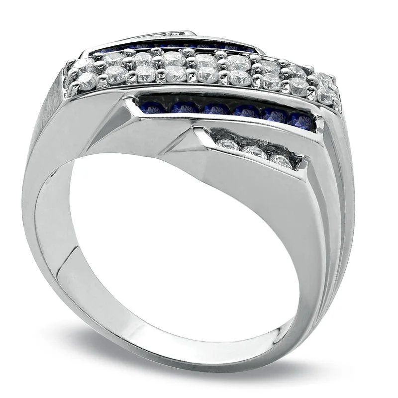 Women’s personalized engagement rings-Men's Blue Sapphire and 0.63 CT. T.W. Natural Diamond Slant Ring in Solid 14K White Gold