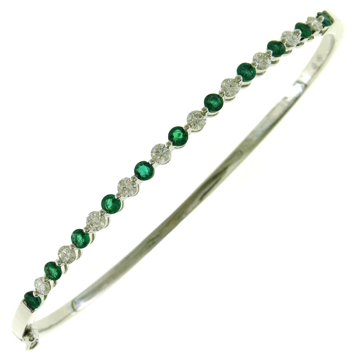 Women’s simple tennis bracelet-18K White Gold Emerald and Diamond Clasped Bangle