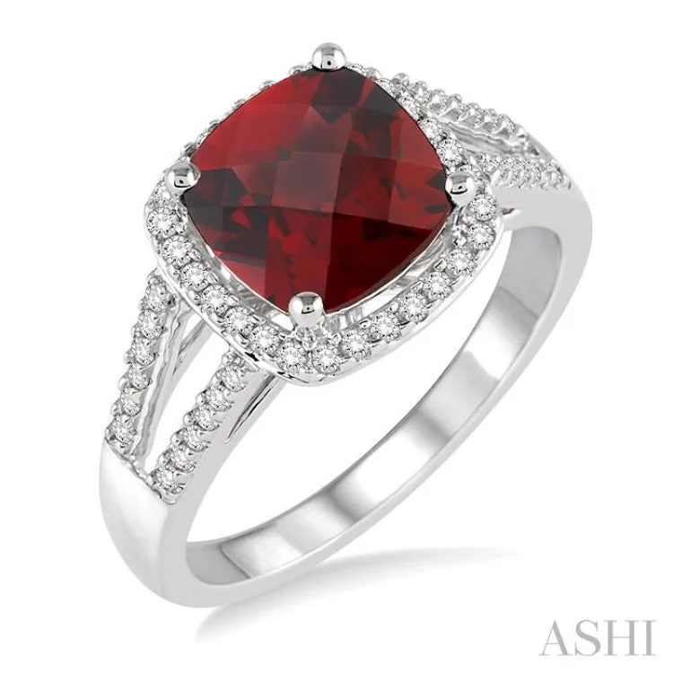 Women’s modern engagement rings-8x8 MM Cushion Cut Garnet and 1/4 Ctw Round cut Diamond Ring in 10K White Gold