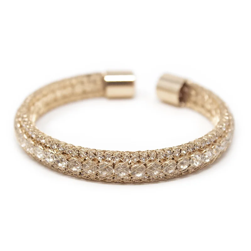 Women’s minimalist bracelet-Three Row Crystal in Mesh Cuff Bangle Gold Tone