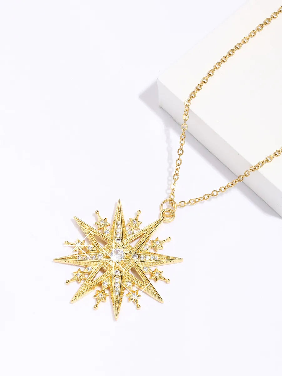 Women’s gemstone necklace-Copper 18K Gold Plated Shiny Rose Snowflake Inlay Zircon Pendant Necklace