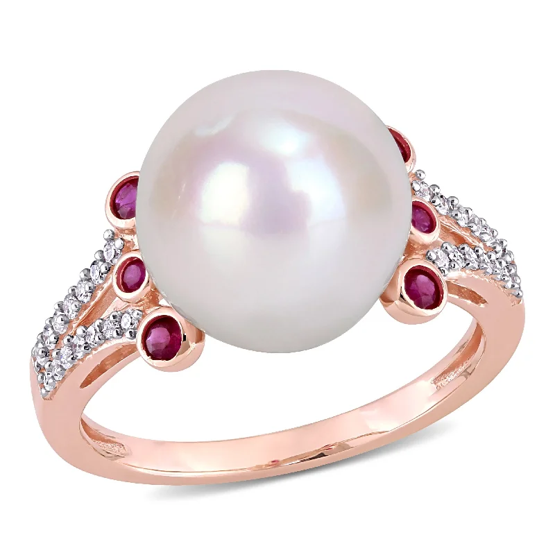 Women’s designer ring-Miadora 11-12mm Cultured Freshwater Pearl 1/5ct TGW Ruby and 1/7ct TW Diamond Split Shank Ring in 10k Rose Gold